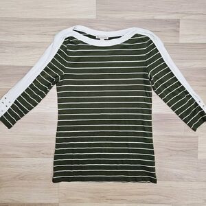 CB Womens Green Stripe Boat Neckline Shirt 3/4 Sleeve Medium